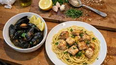 Mini menù di mare: impepata di cozze e spaghetti al pesce spada al limone