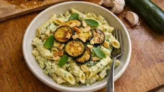 Pasta ricotta e zucchine cremosa: menta fresca e mandorle tostate per il tocco in più