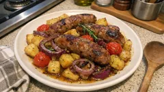 Salsicce alla siciliana in teglia: patate dorate e pomodorini con sughetto profumato