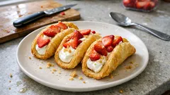 Tacos dolci di sfoglia: croccanti fuori, crema yogurt e fragole dentro