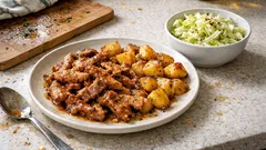 Straccetti di maiale con patate in padella: teneri, dorati e super saporiti