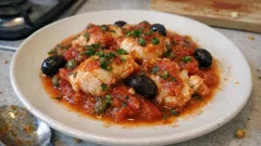 Merluzzo alla livornese in padella: sugo rapido con pomodoro, olive e capperi