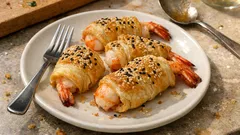 Gamberi in crosta di sfoglia al sesamo: l’antipasto che fa scena in pochi minuti