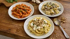 3 primi vegetariani veloci: pasta al pomodoro alle erbe, panna e funghi, ricotta e noci