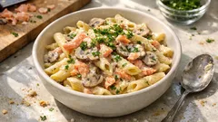 Pasta salmone e funghi cremosa: pronta in 20 minuti con un trucco di mantecatura