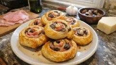 Girelle salate di sfoglia con prosciutto e funghi: croccanti e pronte in 20 minuti