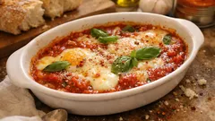 Uova alla contadina al forno: pomodoro, scamorza filante e basilico per la scarpetta