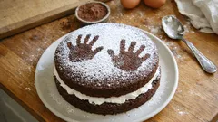 Torta con le mani: il dolce di compleanno al cacao con impronte e zucchero a velo