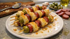 Spiedini di pasta sfoglia con wurstel e olive: l’antipasto caldo che va sempre a ruba