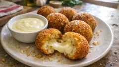 Polpette di risotto avanzato: croccanti fuori, filanti dentro (con salsa alla fontina)