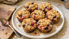 Muffin ai frutti di bosco con crumble: soffici dentro, croccanti sopra (pronti in poco)