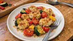 Bocconcini di pollo e verdure al forno in teglia unica, con gratinatura croccante