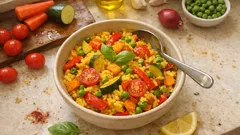 Paella vegetariana in padella: riso allo zafferano e verdure, tutto in un’unica cottura
